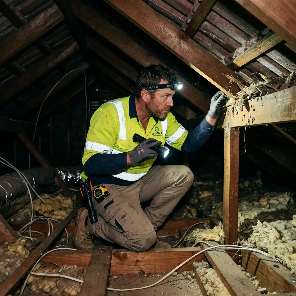 Technician inspecting a roof cavity for a dead animal in Avondale Heights